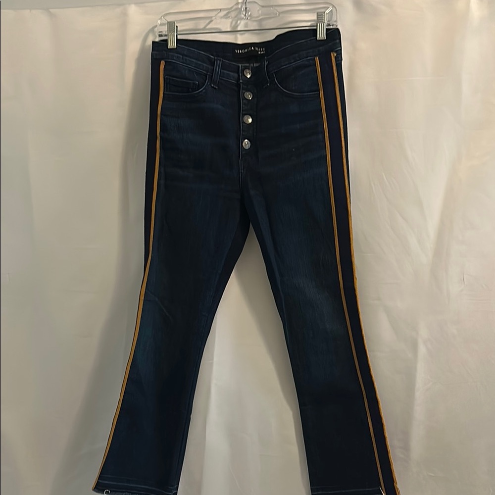 Veronica Beard Blue and Orange Ankle Cropped Jeans with Sporty Side Stripe